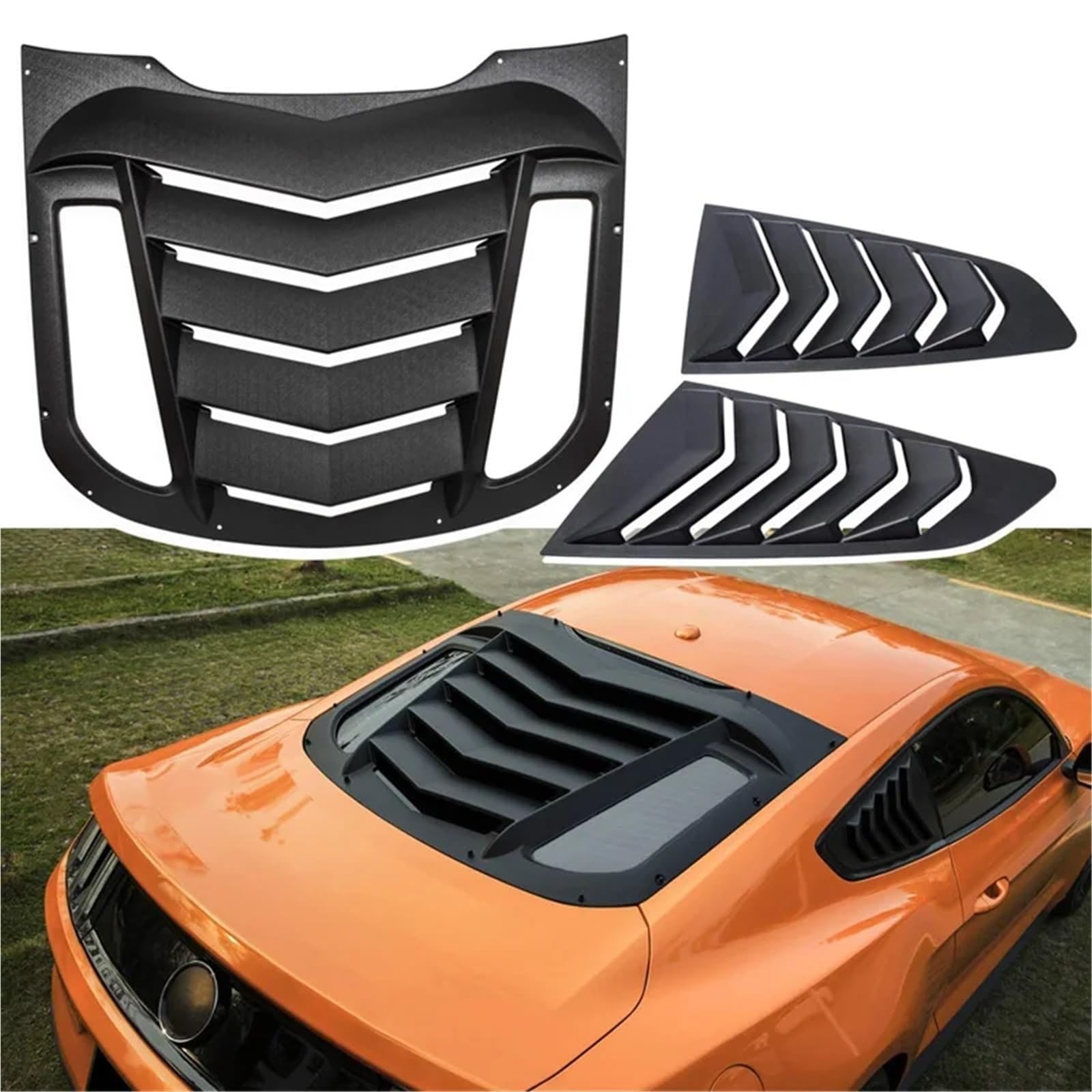 Auto Rear+Side Window Louvers Compatible for Ford Mustang 2015-2021 Windshield Sun Shade Rain Cover ABS (Matte Black)