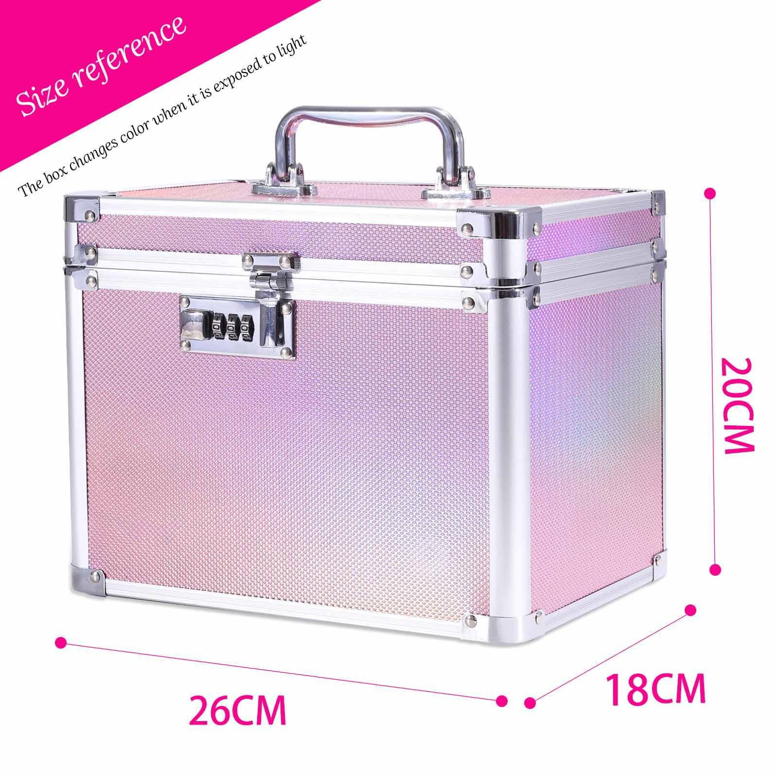 Aufbewahrungsbox mit Zahlenschloss, Abschließbare, Aluminium-Rahmen, 26x18x20 cm, für Medikamente, Dokumente und Wertsachen, Tresor Kinder (Holografik-Pink)