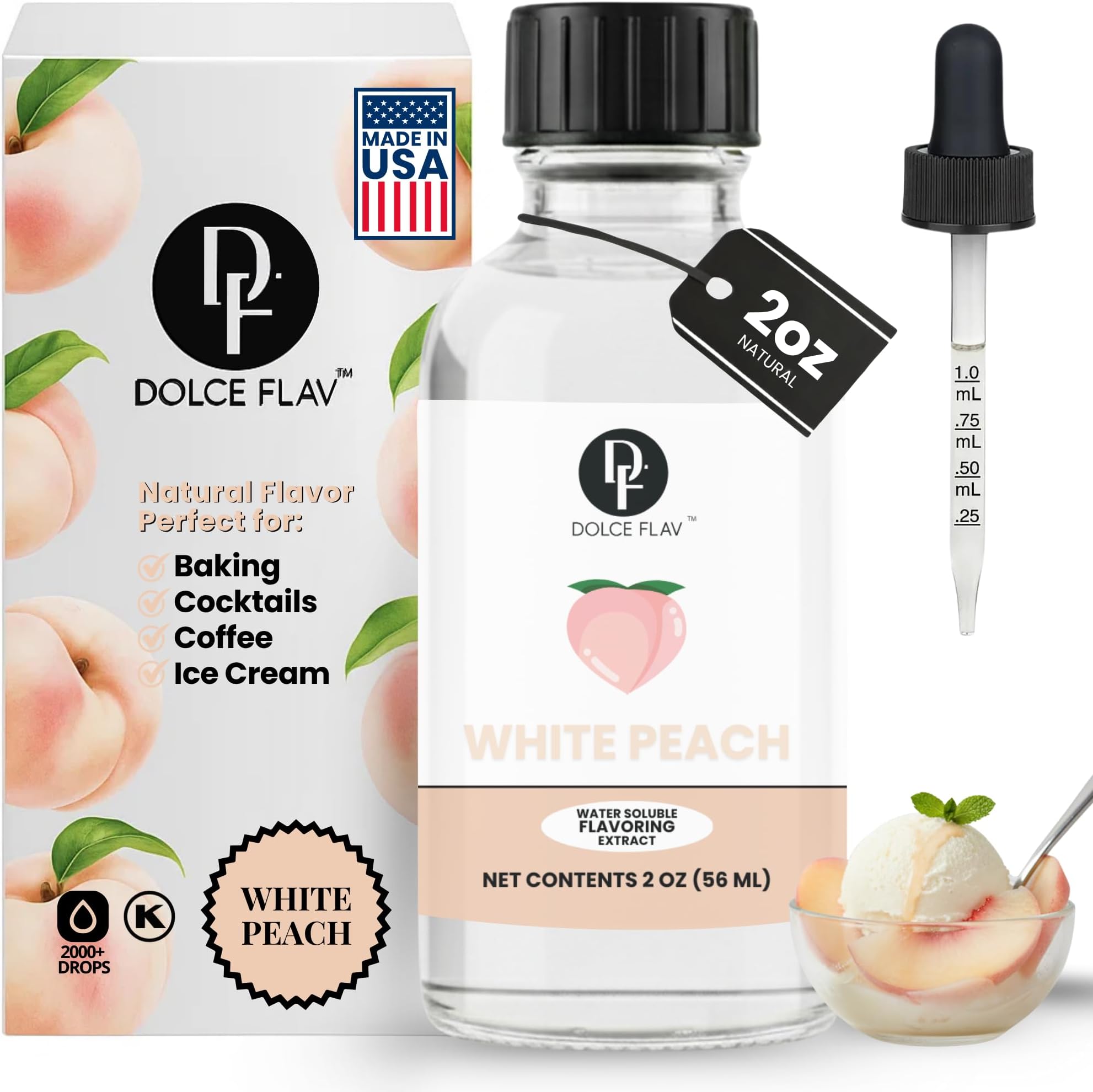 Natural White Peach Extract 2 oz – Kosher, Sugar-Free, Concentrated Sweet White Peach Flavoring for Beverages, Desserts & Baking, Includes Measured Dropper
