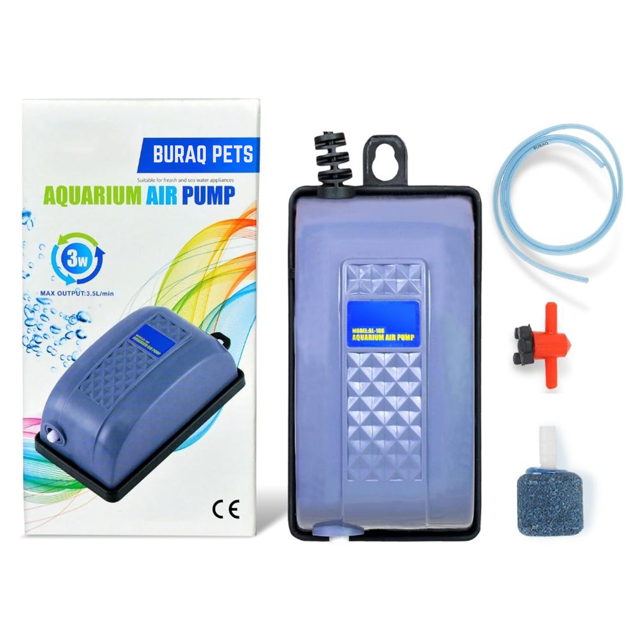 Buraq Aquarium Oxygen Air Pump, Adjust Speed Volume, Noiseless, 1 Meter Air Tube, Fish Tank Motor for Fish Tank