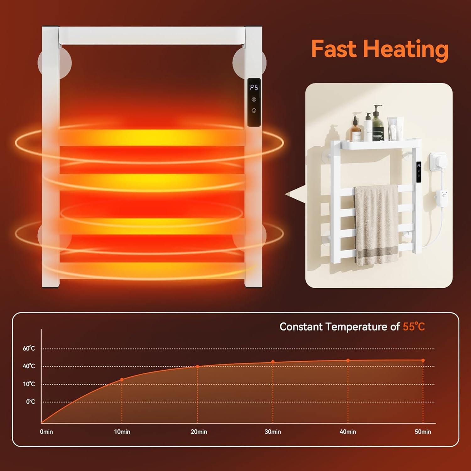 Towel Warmer Wall Mounted Aluminum Heated Towel Rail with Top Shelf & 9h Timer Smart Heated Towel Rack Electric Towel Heaters Drying Rack with Touch Panel for Bathroom
