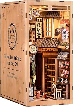 Book Nook Kit,with LED Light,DIY 3D Wooden Dollhouse Puzzle,Bookshelf Decorative GiftThe Alley Waiting for the Cat