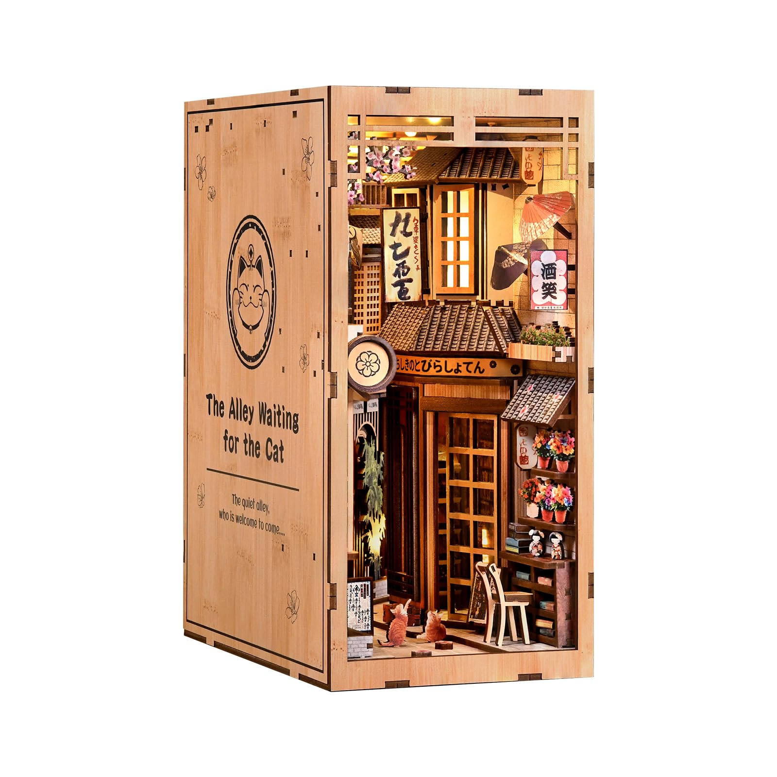 book nook kit - The Alley Waiting for the Cat - with LED light, DIY 3D dollhouse wooden puzzle, bookshelf decorative gifts