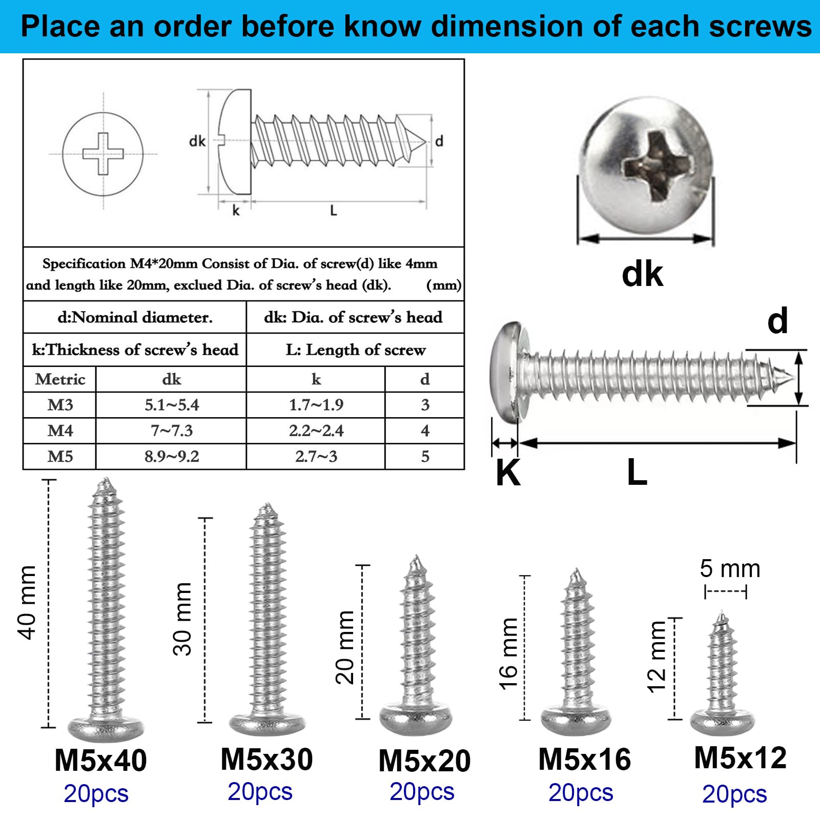 FandWay 100Pcs Self Tapping Screws 304 Stainless Steel,M5 Wood Screws Kit,Round Head Self Drilling Screw,Pan Head Sheet Metal Screw Phillips Drive for DIY WoodWork Repairs - Image 3