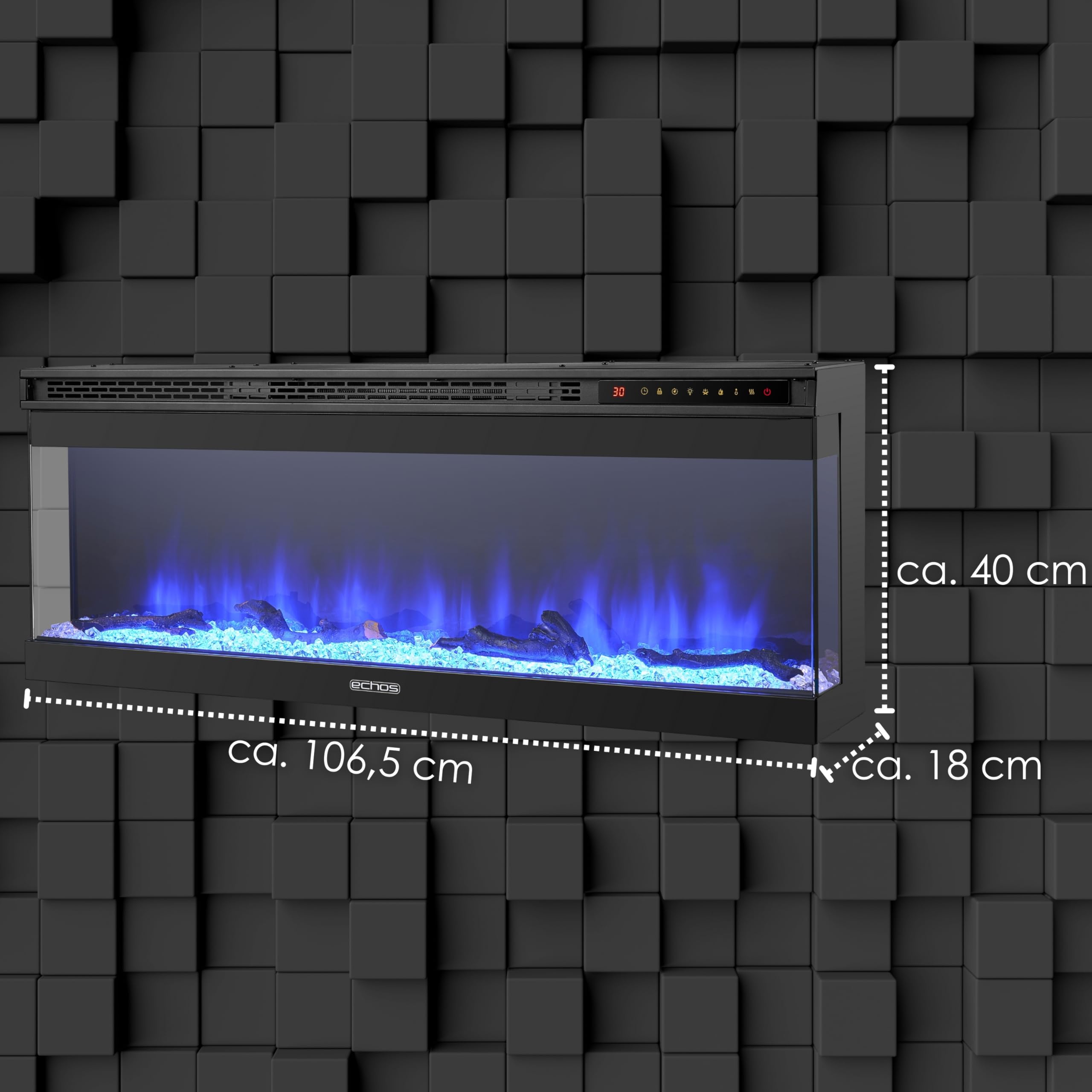 Camino elettrico con riscaldamento, termoventilatore a risparmio energetico, 1500 W, effetto fiamma