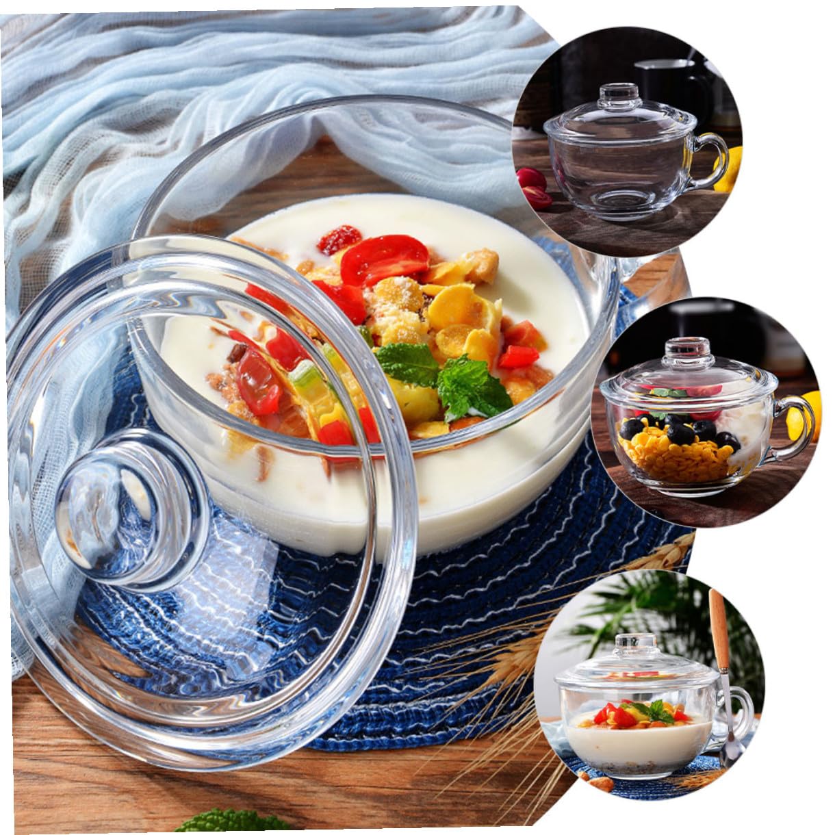 Homoyoyo Bol de Cristal Transparente de 600 Ml con Tapa y Asa Bol para Desayuno Leche Avena Ensalada y Postres Recipiente Multifuncional para Uso Doméstico