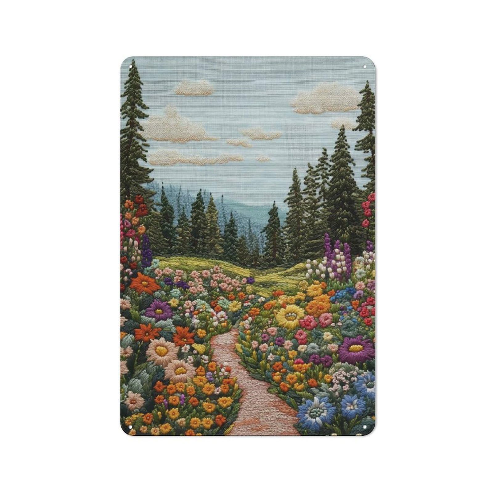 Junmoney Embroidered Forest Path Tin Sign With Design 30X20cm, Weathered Look Industrial Wall Art For Workshop, Basement, Shed Or Games Room