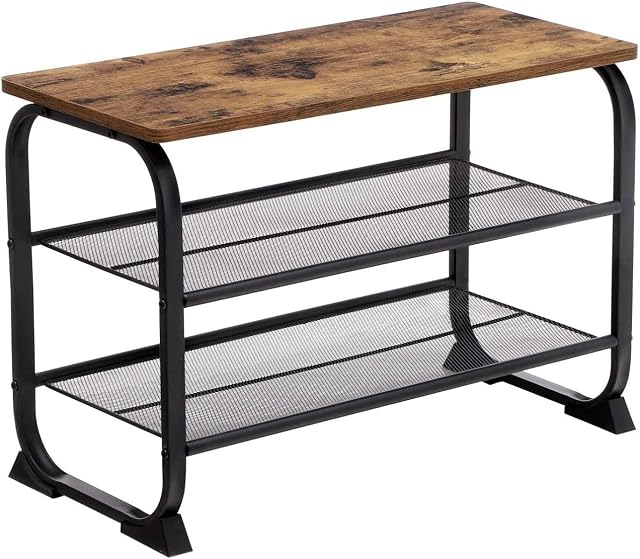 VASAGLE Shoe Bench, Industrial Shoe Rack with 2 Mesh Shelves, Rounded Iron Frame, in Hallway and Living Room, Stable, Narrow and Space Saving, Rustic Brown LMR32BX