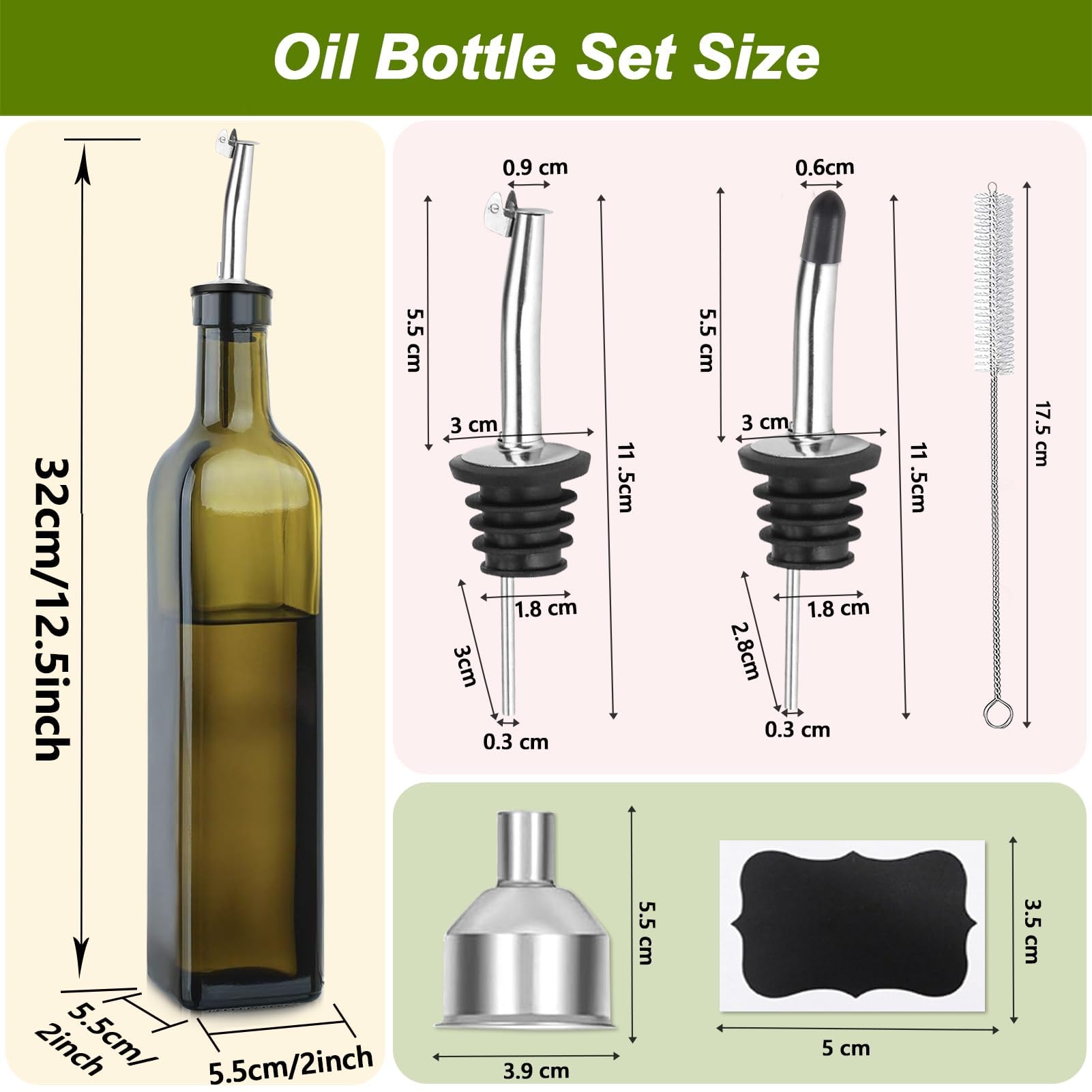 Botella dispensadora de aceite de oliva, 2 botellas de aceite de vidrio verde para cocina, juego dispensador de aceite y vinagre con vertedores y embudo, dispensador de aceite de oliva de 17