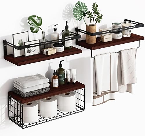 Miniatura 1 de Fixwal Estantes flotantes montados en la pared de 3+1 nivel con marco de metal, estantes de baño de madera rústica sobre el inodoro con cesta de