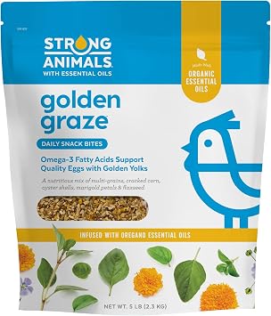 Strong Animals Golden Graze Chicken Treats for Laying Hens, 5 lb Daily Chicken Bites, Oregano Essential Oil, Flaxseed Omega-3, Oyster Shell Calcium, Marigold Petals for Golden Yolks, Resealable Pouch