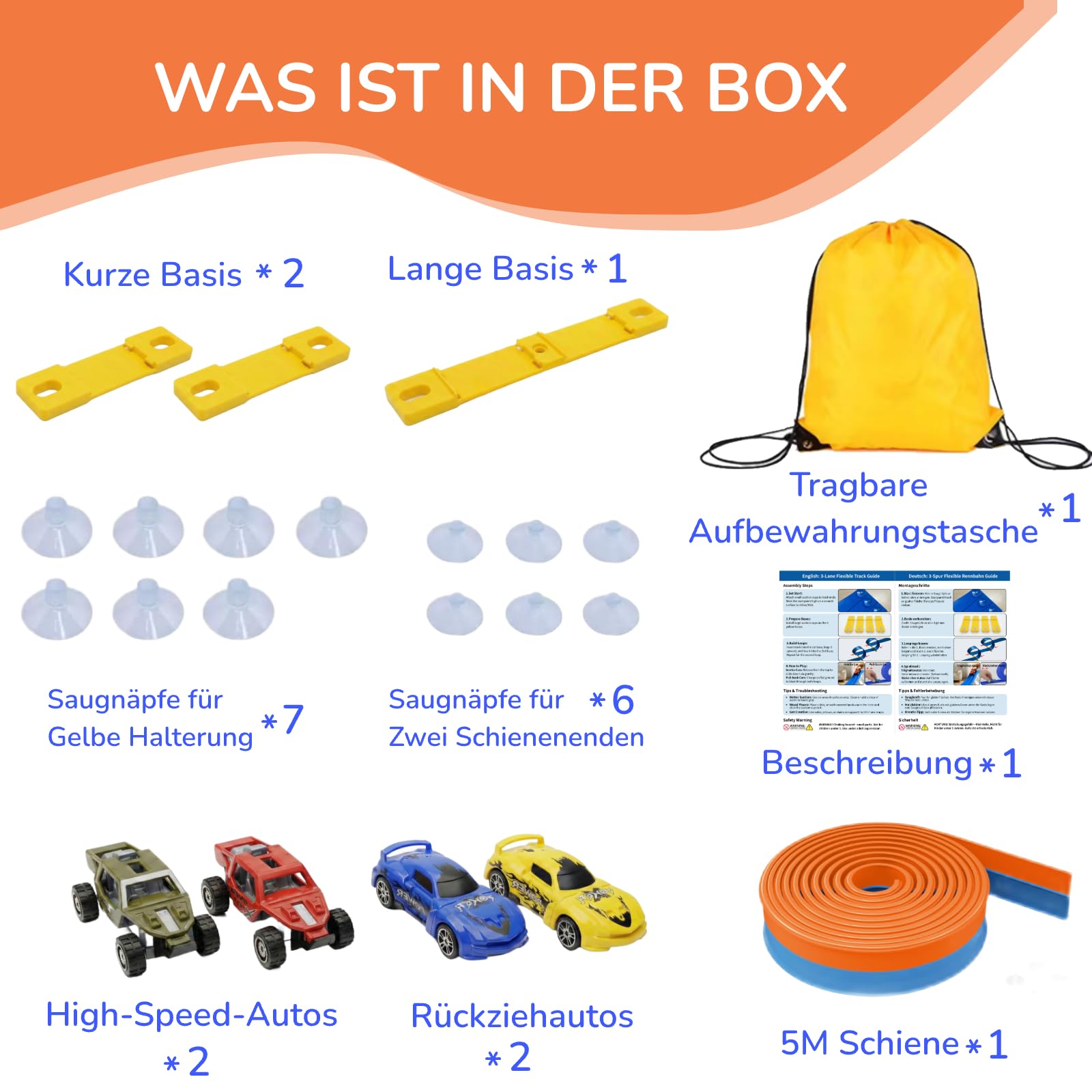 5M Flexible Autorennbahn Set mit 2 Loopings, 2-in-1 Rennbahn mit Autos & Tragtasche, Schwerkraft & Pull-Back Rennstrecke, Spielzeug für Kinder ab 3 4 5 6 Jahre, Geschenk für Indoor/Outdoor (Orange)