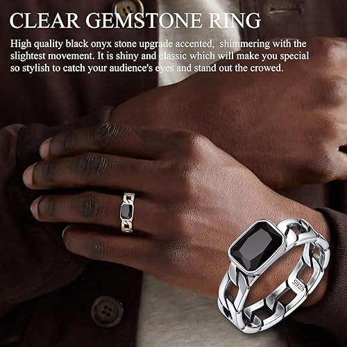 Miniatura 3 de Bestyle Simple Sterling Silver Ring for Women Men - Cuban Link Chain Rings with Black Onyx Emerald-Fashion Thumb Index Pinky Finger Ring Every Day