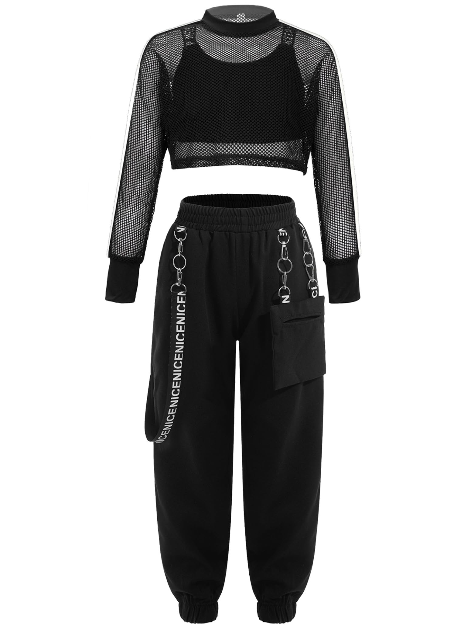 inlzdzBig Girls Hip Hop Street Dance Costume Vest & Crop Top & Cargo Trousers 3Pcs Set Athletic Tracksuit