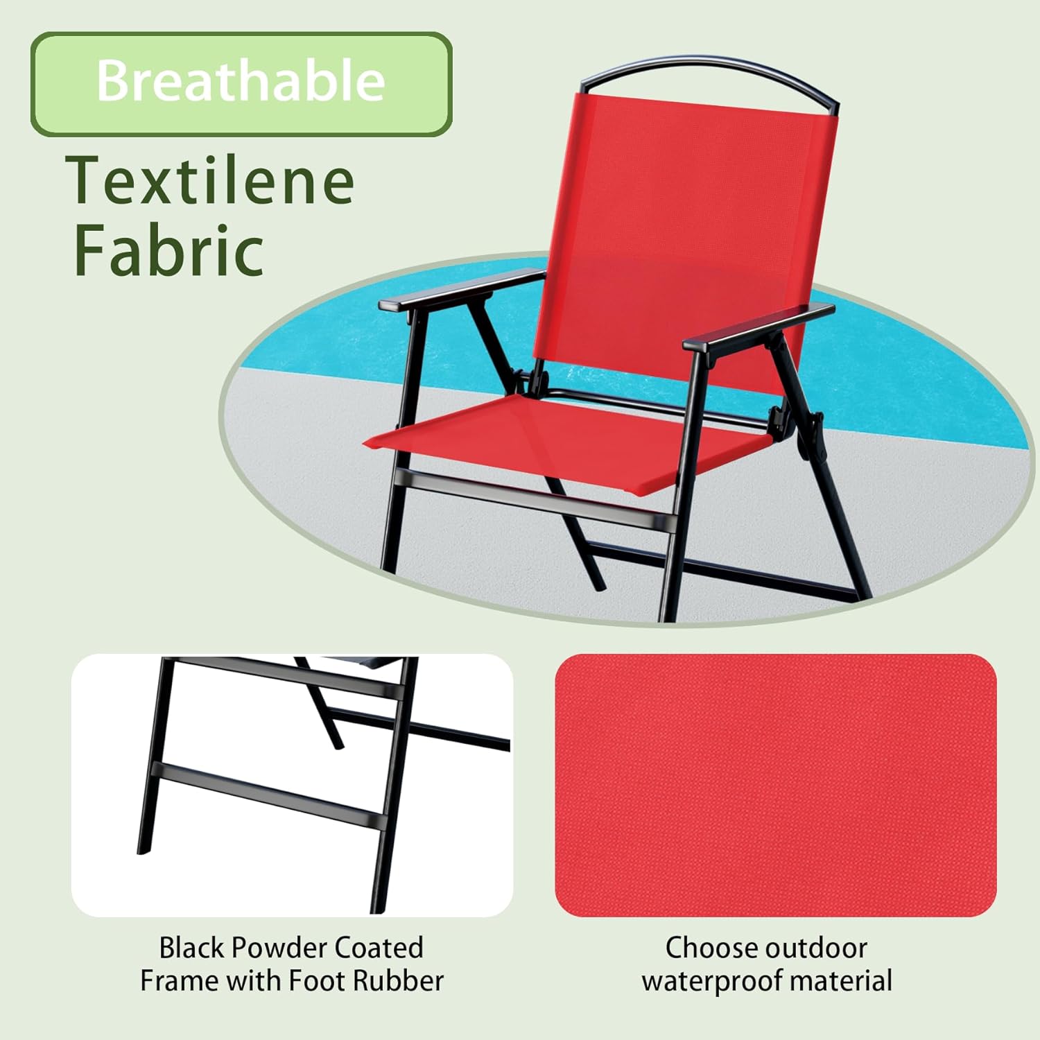Outdoor Folding Patio Dining Chairs Set of 4 With Armrest Heavy-Duty Lightweight Protable Foldable Patio Sling Chair for Garden Lawn Poolside Backyard Deck Bistro Balcony Sillas Furnitures(4, red)
