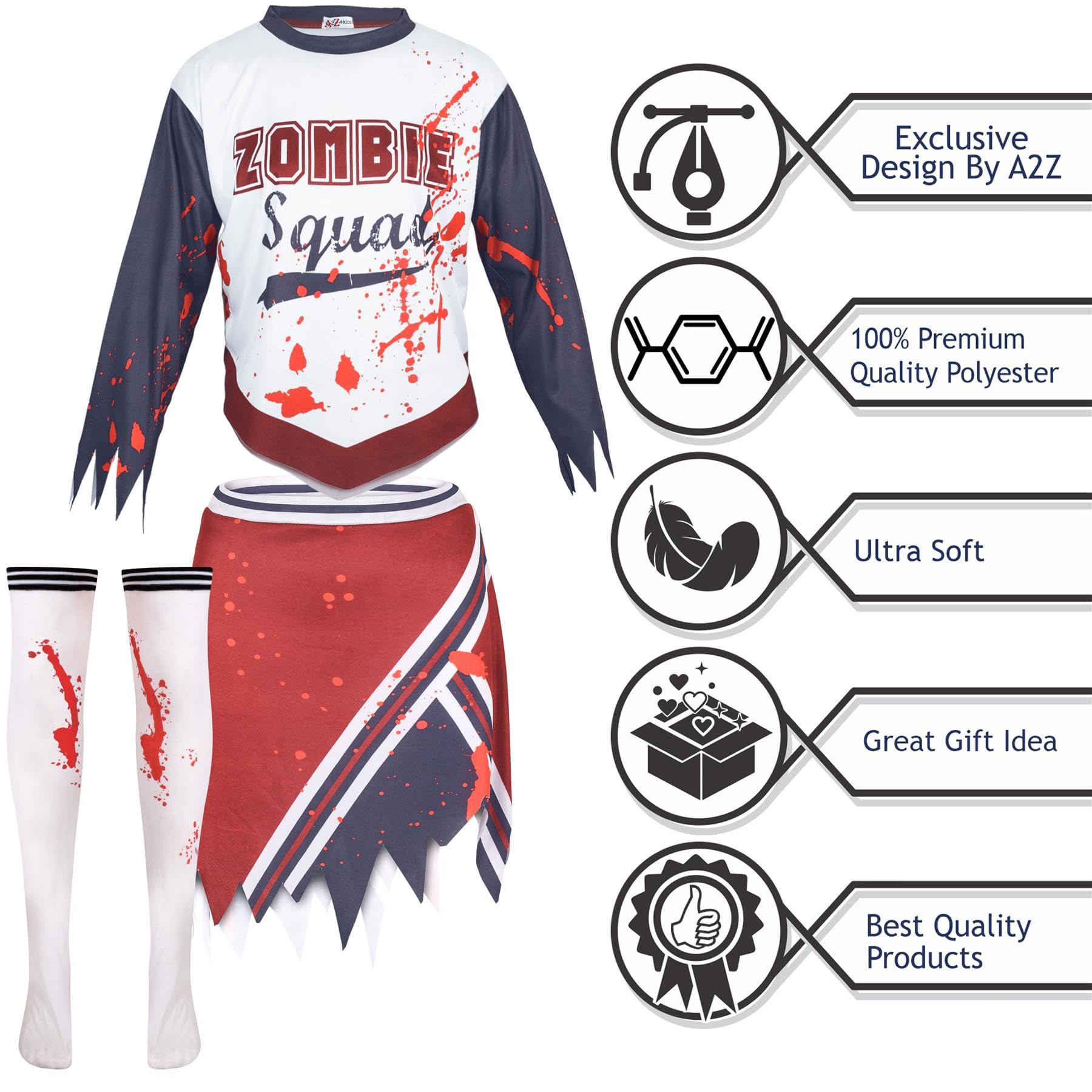 A2Z 4 Kids Girls Zombie Cheerleader Halloween Attire Top Shredded - Zombie Squad Set 346._3-5, White, 3-5 Years - Image 4