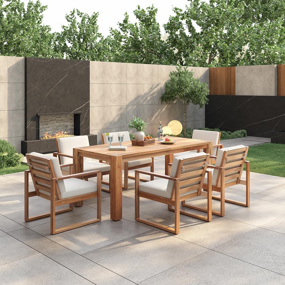 Outdoor Dining Set for 6 with Umbrella Hole, 7-Piece Patio Table and Chairs with Wood Frame and Removable Cushions for Garden, Backyard, Lawn, and Poolside