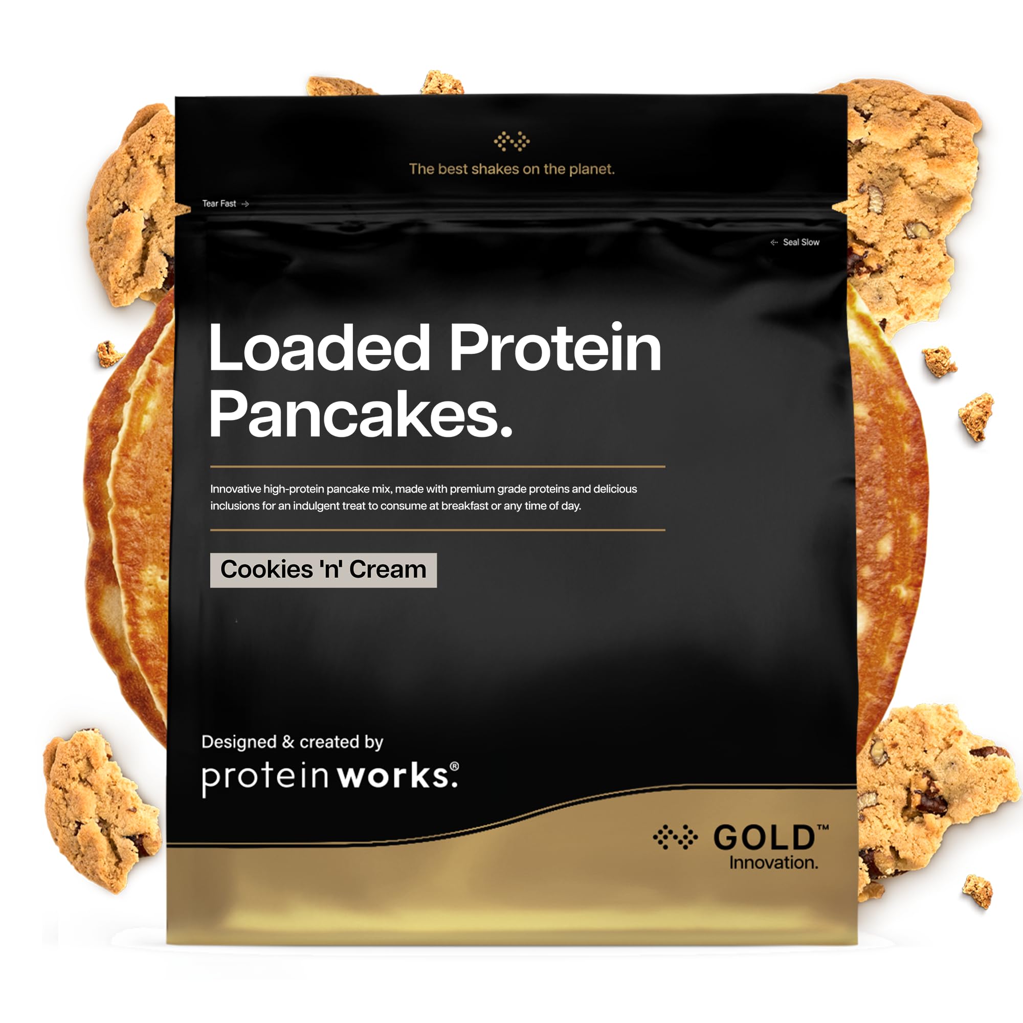 Protein Works | Loaded Protein Pancakes - GOLD Innovation, Premium Protein Pancake Mix, High Protein Breakfast, Low Sugar, Low Fat, Cookies 'n' Cream, 8 Servings, 500g