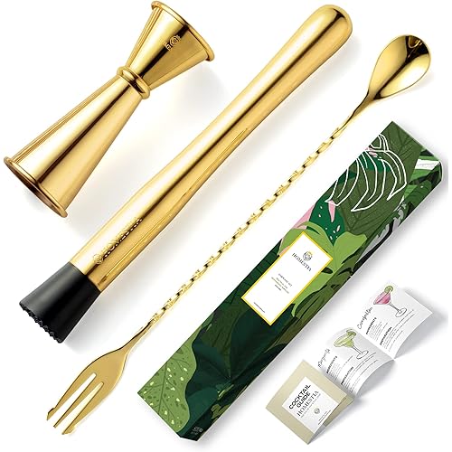 Homestia 10" Stainless Steel Muddler for Cocktails Drink Muddler, 12" Cocktail Spoon, 1 oz 2 oz Double Jigger, Basic 3 Piece Gold Cocktail Set Mixing Tools, Mini Home Bar Tool Set for Beverages Drinks