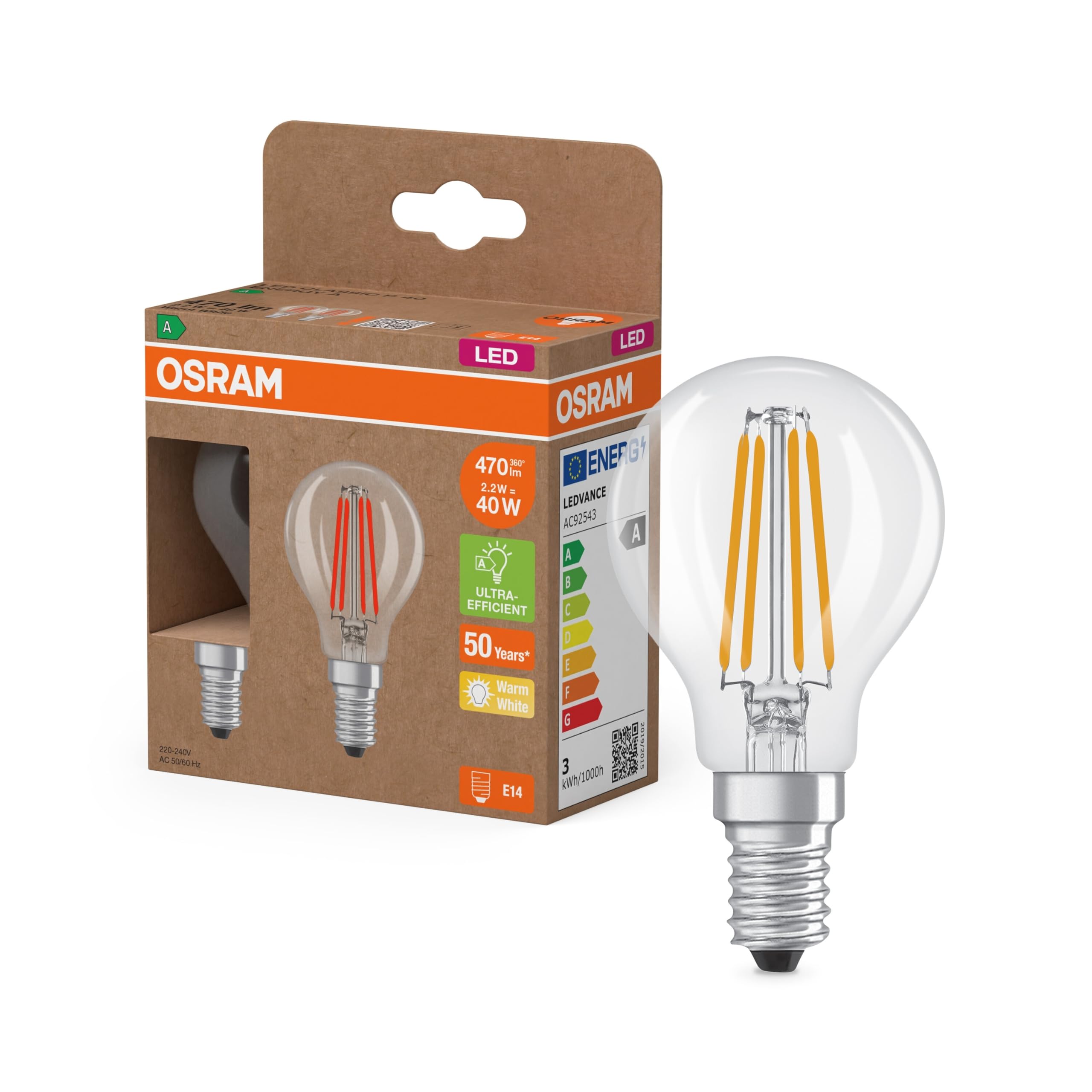 Osram Energy Class Classic Mini Ball LED Lamp, 2.2 W / 470 Lumens, Energy Class A, Warm White (2700K) CRI 80, Clear Lead Free Glass, E14 Cap, IP20, 45mm Diameter