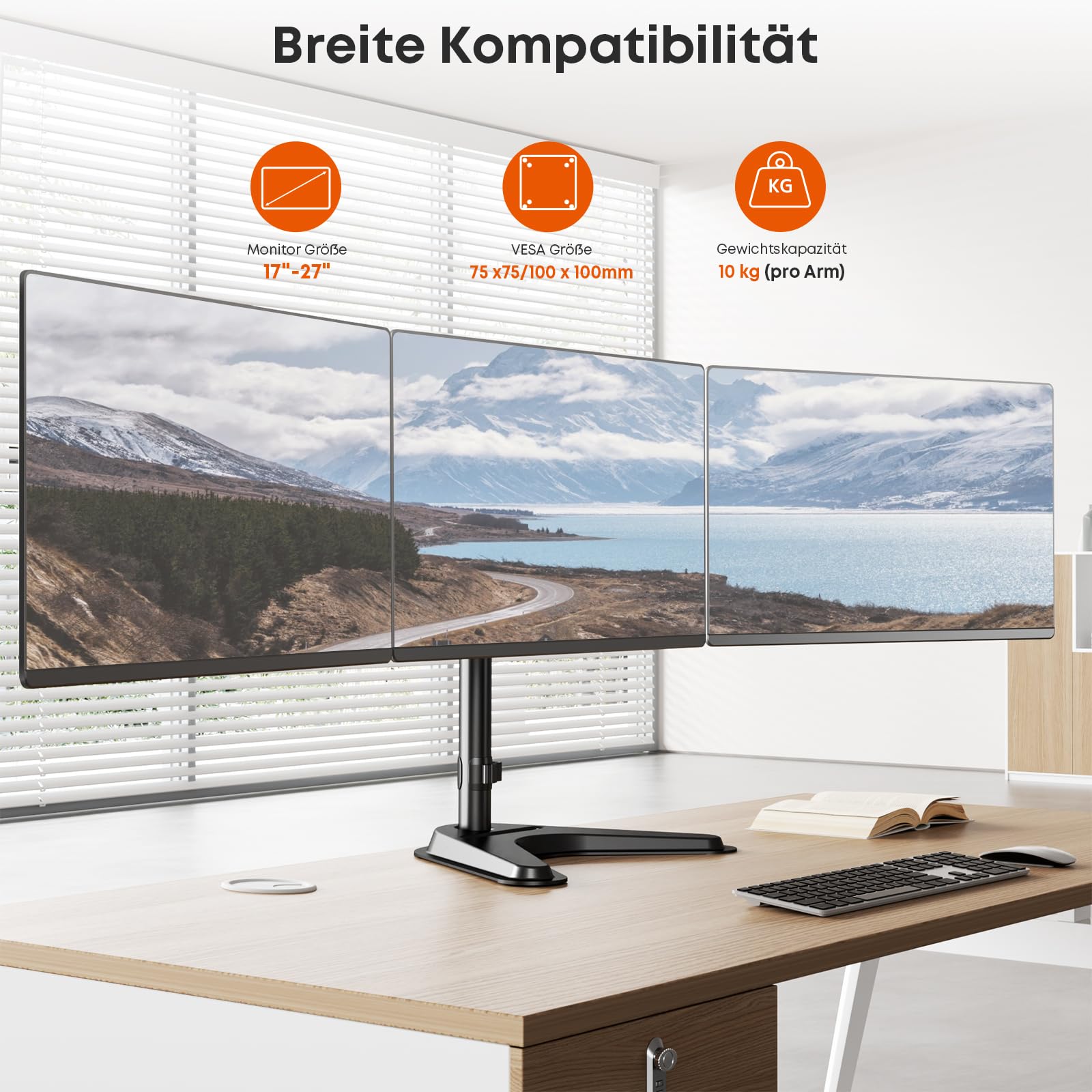 Putorsen Monitorhalterung für 3 Monitore bis 27 Zoll - Schwere, voll verstellbare Tischhalterung mit Standfuß & Kabelmanagement, 10 kg pro Arm, Schwarz