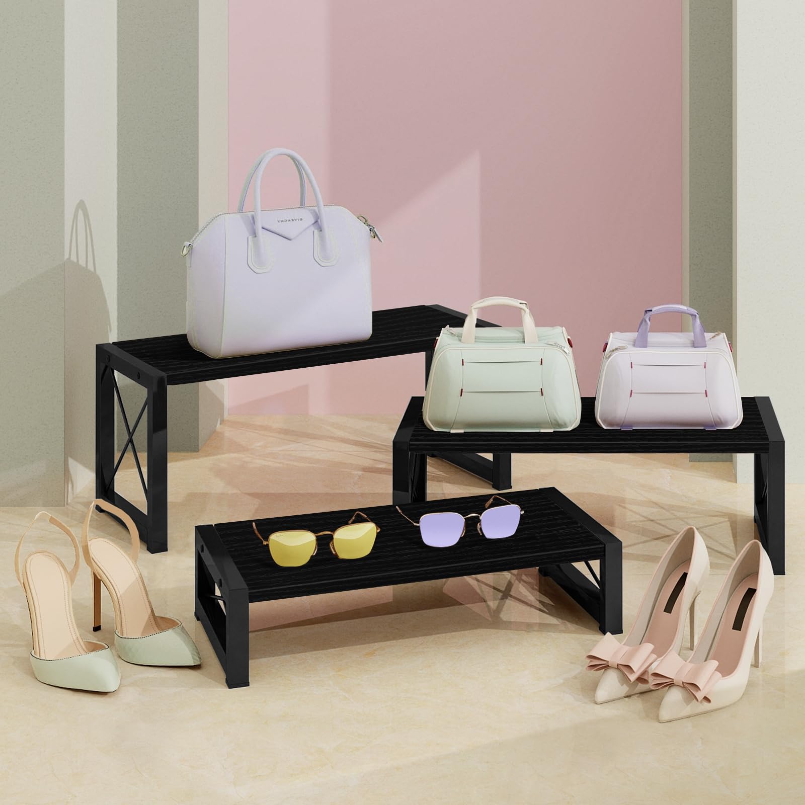 ELITEROO Soporte de exhibición de 3 niveles para cupcakes y postres de madera, color negro, elevador de varios niveles para cupcakes, alimentos, perfume, maquillaje, muñecas, coleccionables y