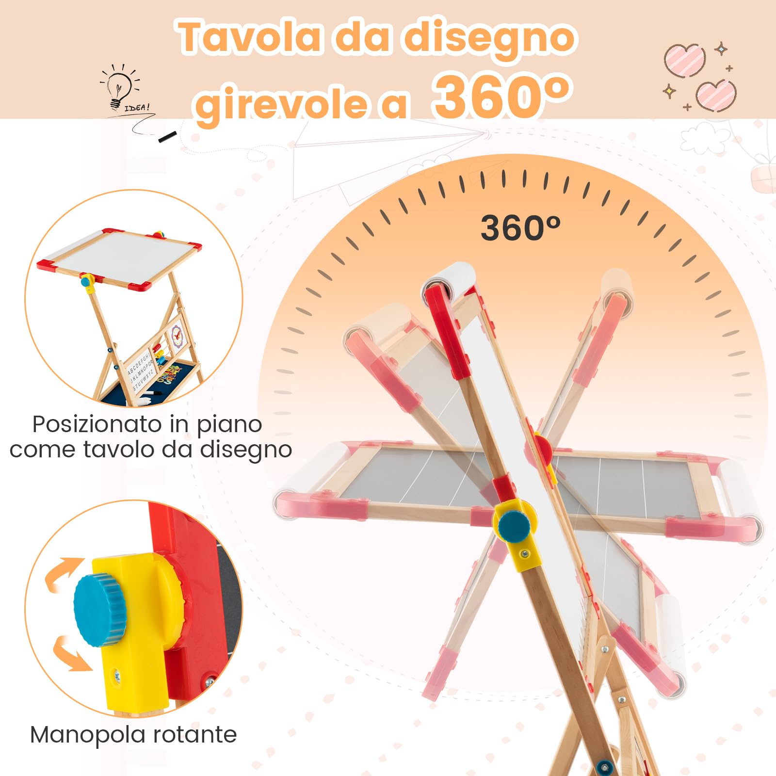 GYMAX Cavalletto Artistico in Legno per Bambini, Cavalletto per Pittura Bifacciale 3 in 1 con Lavagna, Lavagna Magnetica Girevole a 360°, Lettere Magnetiche, Abaco e Gomma, 62 x 45 x 118 cm