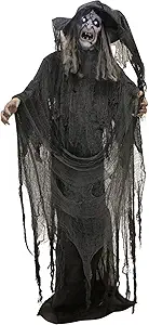 Haunted Hill Farm Life-Size Animatronic Scary Talking Witch with Touch Activated Lights and Sound, Indoor or Covered Outdoor Creepy Halloween Decorations for Home or Haunted House, Battery Operated