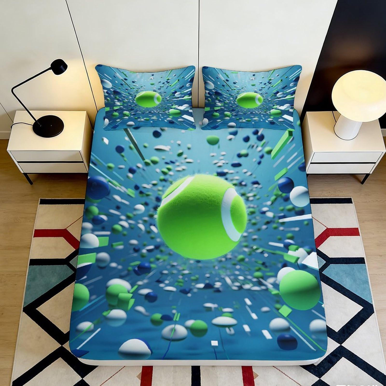 3D Printed Green Sphere Fitted Sheet Microfiber Modern Abstract Blue Mattress Cover for Bedroom Dorm Decor 90x200x25cm