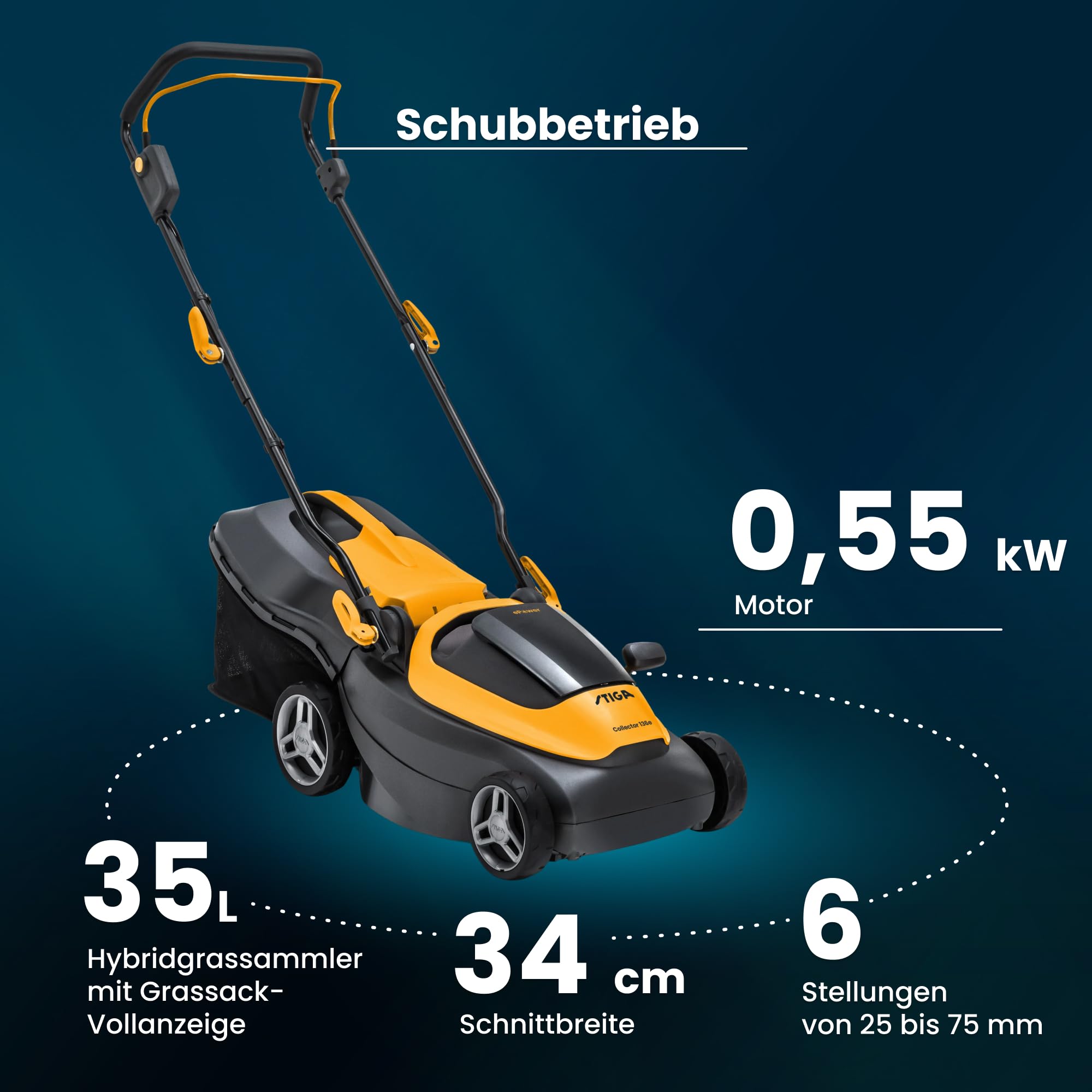 STIGA 136e Collector 136e Kit Akku-Rasenmäher, 20 V, 34 cm – 2 Akku 2 Ah + Ladegerät, Klappbar, Hybrid-Fangsack – Rasenflächen bis 250 m²