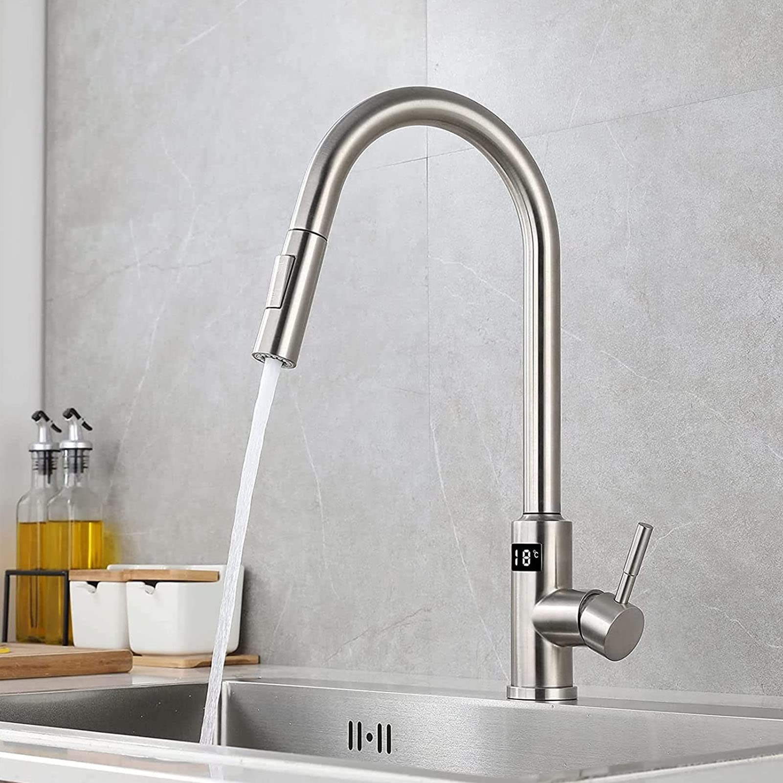 Touch Küchenarmatur mit Ausziehbarer Brause, Smart Sensor Küchenarmatur mit Temperaturanzeige, Mischbatterie Küche, Edelstahl Wasserhahn Küche, 360° Schwenkbar Spültischarmatur