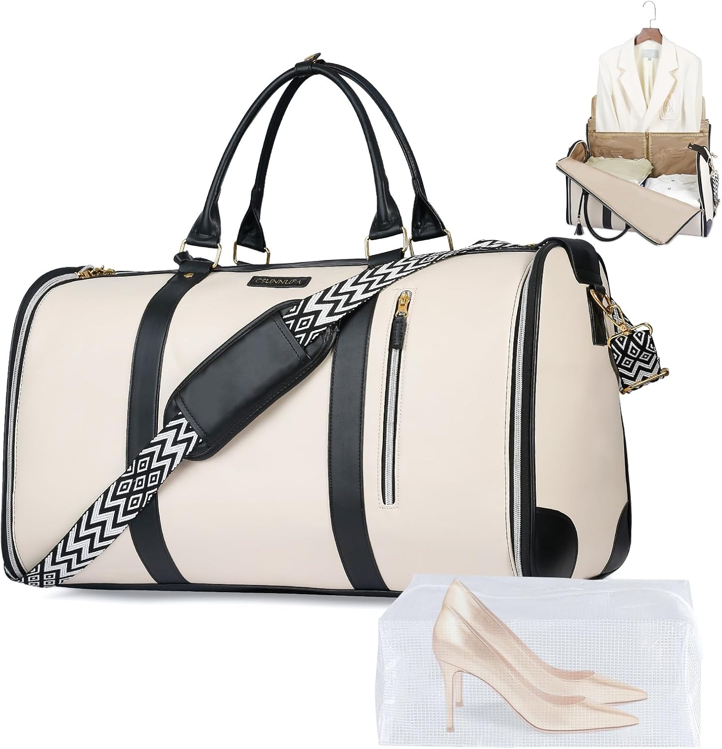 Convertible Garment Bag for Travel, Carry on Garment Duffel Bags with Shoe Pouch Weekender Bag for Men Women 2 in 1 Hanging Suitcase Suit for Business Trip, Vacation (Beige)