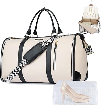 Convertible Garment Bag for Travel, Carry on Garment Duffel Bags with Shoe Pouch Weekender Bag for Men Women 2 in 1 Hanging Suitcase Suit for Business Trip, Vacation Beige