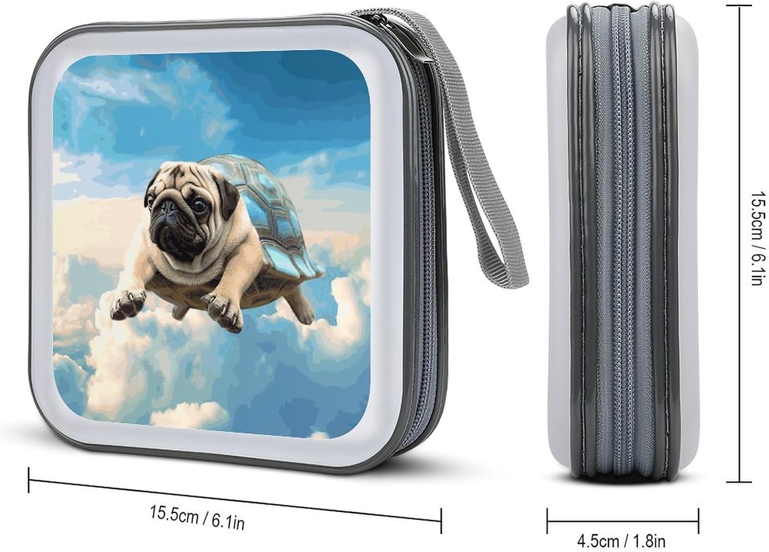 Funny Turtle Pug Dog in The Sky CD Case 40 Capacity CD/DVD Case Holder Disc Storage Organizer Wallet Bag Portable Zipper CD Case Holder for Car Home Office Travel