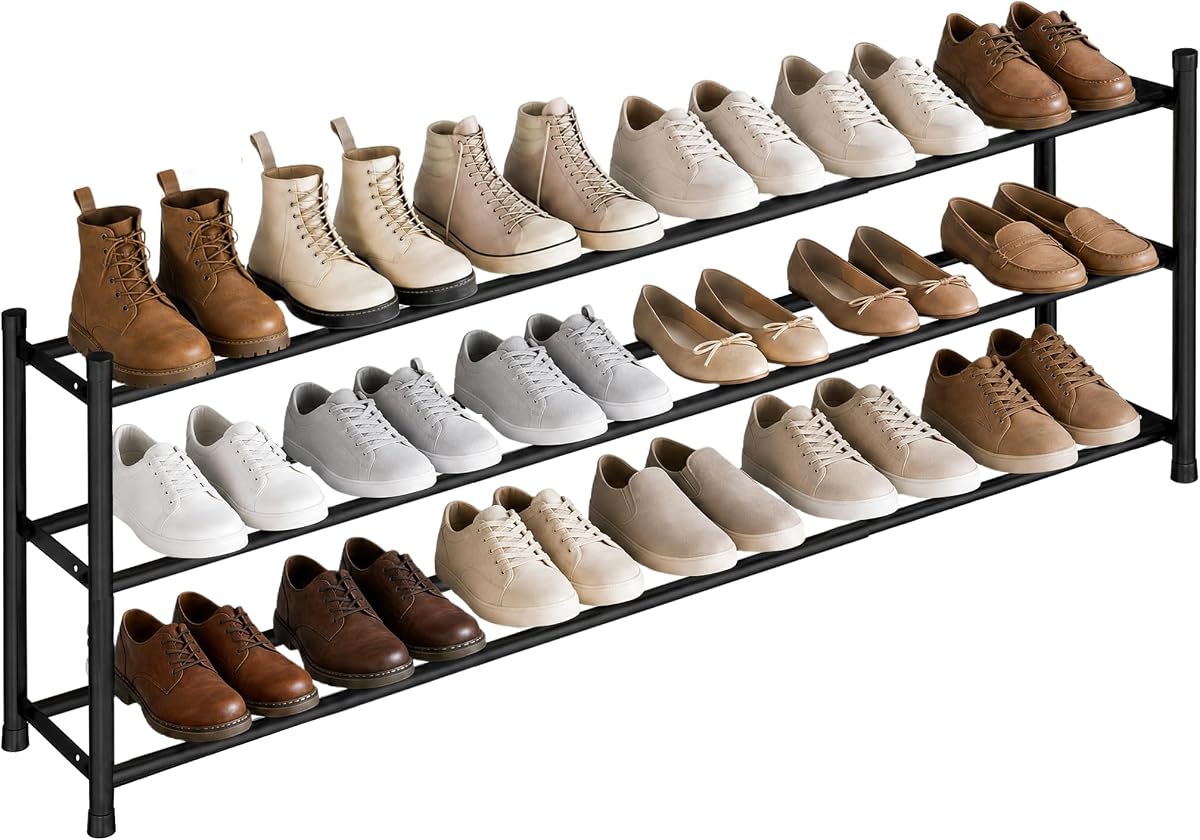 Long Expandable Shoe Rack, 18 Pairs Metal Wide Stackable Shoe Rack, Adjustable Shoes Shelf, Freestanding Shoes Organizer for Closet, Entryway, Hallway, Garage, Front Door, 3 Tiers
