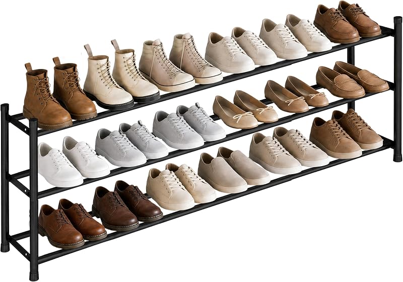 Long Expandable Shoe Rack, 18 Pairs Metal Wide Stackable Shoe Rack, Adjustable Shoes Shelf, Freestanding Shoes Organizer for Closet, Entryway, Hallway, Garage, Front Door, 3 Tiers