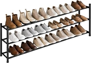 Long Expandable Shoe Rack, 18 Pairs Metal Wide Stackable Shoe Rack, Adjustable Shoes Shelf, Freestanding Shoes Organizer for Closet, Entryway, Hallway, Garage, Front Door, 3 Tiers