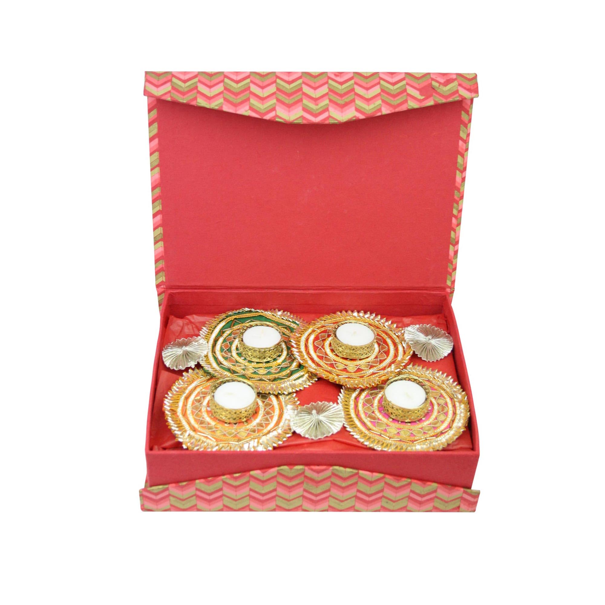 Emartbuy Luxury Diwali Hamper with 4 Gota Rangoli Candle Holders Diyas & Snacks - Perfect for Diwali, Pooja, Navratri, Ganpati & Housewarming Gifts