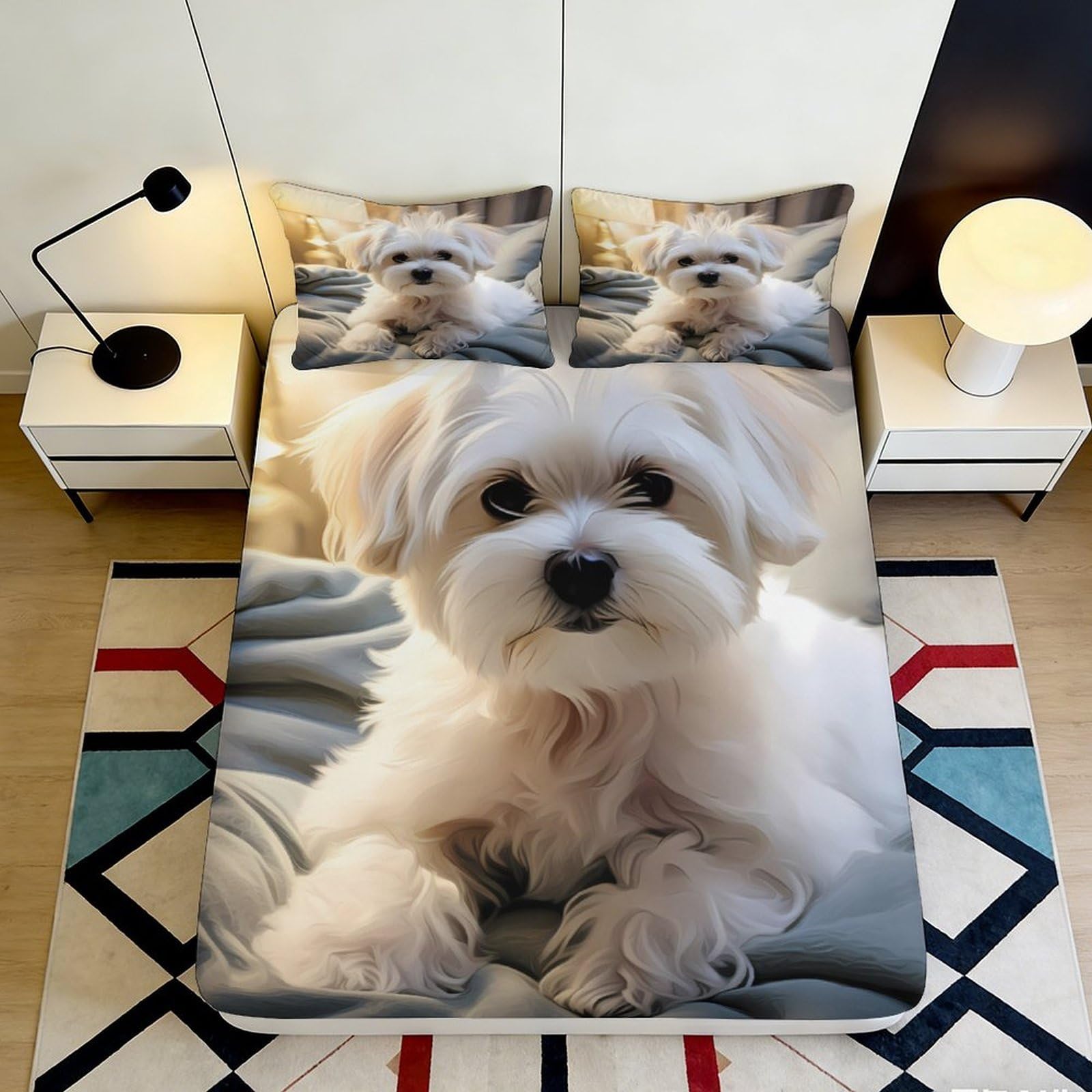 3D Printed White Puppy Fitted Sheet Microfiber Soft Slip-Resistant Dog Bed Cover for Bedroom Dorm Easy Care Decor 180x200x25cm