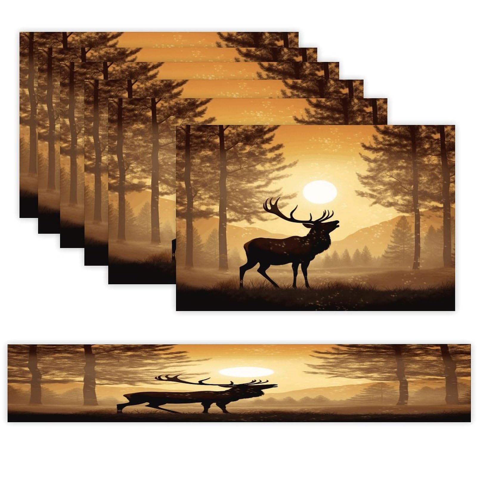 Elk Artwork Table Runner and Placemats of 6 Washable Heat Resistant Place Mats with Table Runner Vintage Holiday Table Mat Set for Holiday Party Kitchen Dining Deco