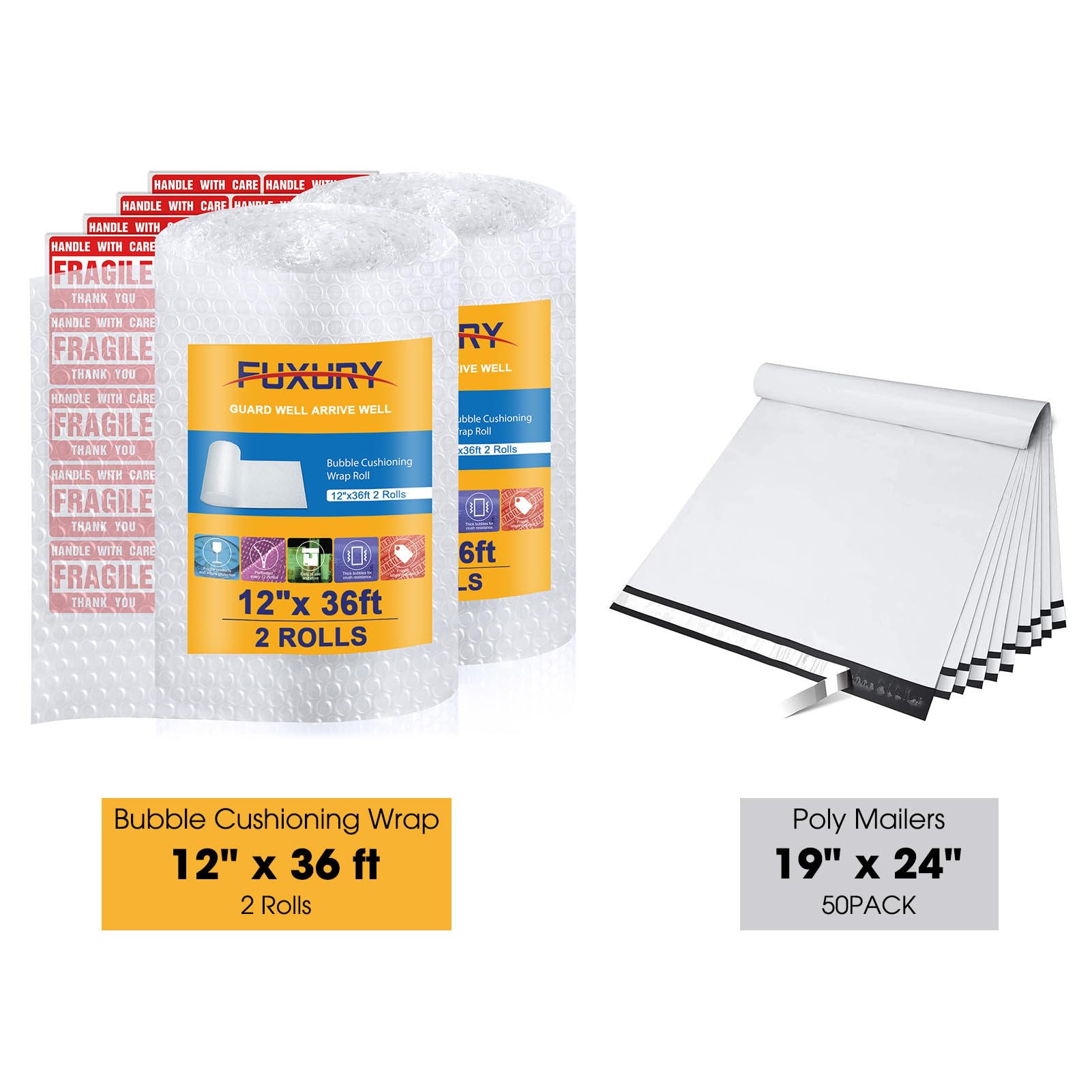 Fuxury Bubble Cushioning Wrap 2 Pack 12 inch x 72 ft Total for Packing and Moving + Poly Mailers 19x24 Inch 50 Pcs White, Strong Adhesive Shipping Envelopes Shipping Bags for Small Business Suppliers