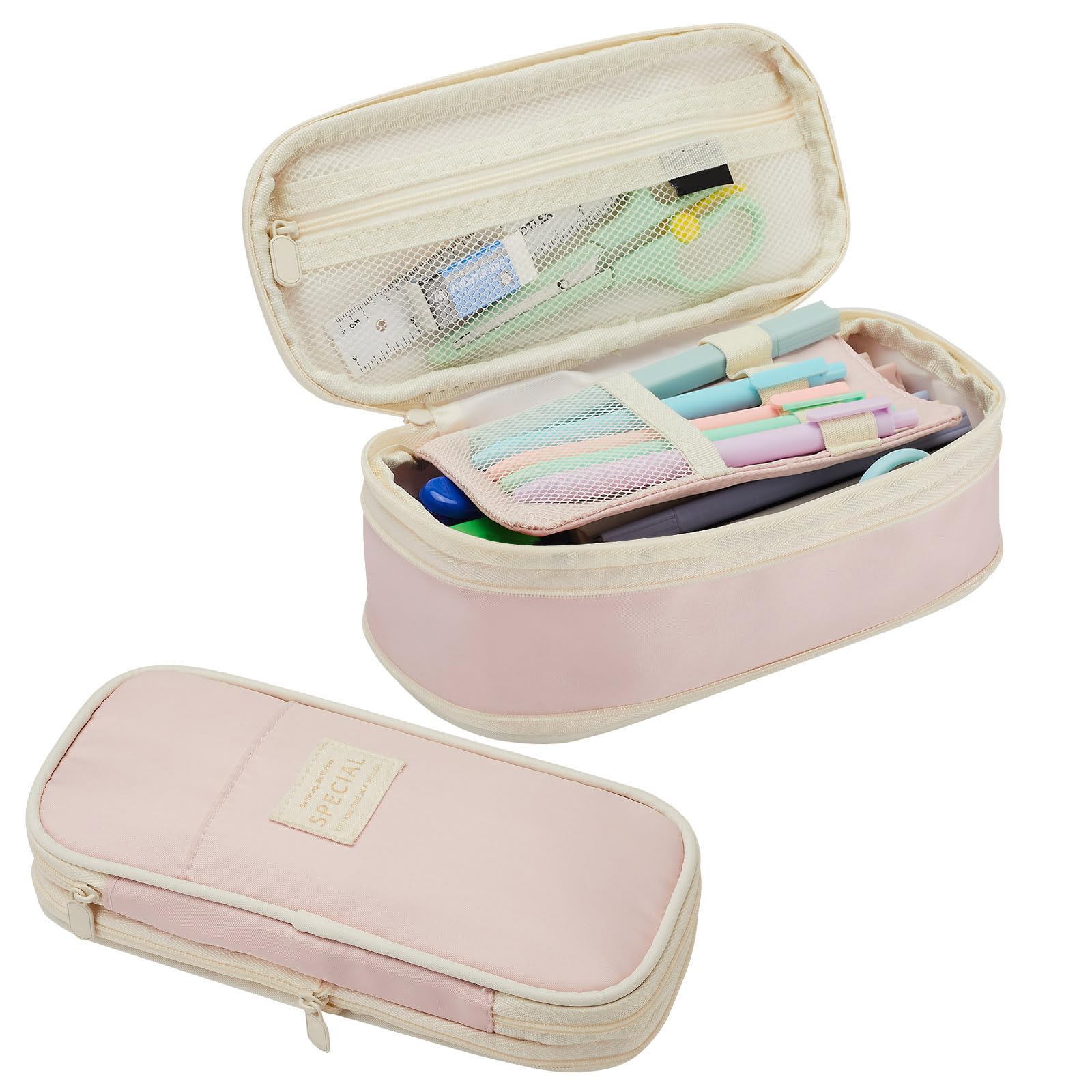 Sonuimy Large Capacity Pencil Case Pouch, Cute Aesthetic Big Capacity Zipper Pencil Cases Pen Portable Office Stationery Makeup Bag, Desk Organizer for College Adults Women Men- Pink