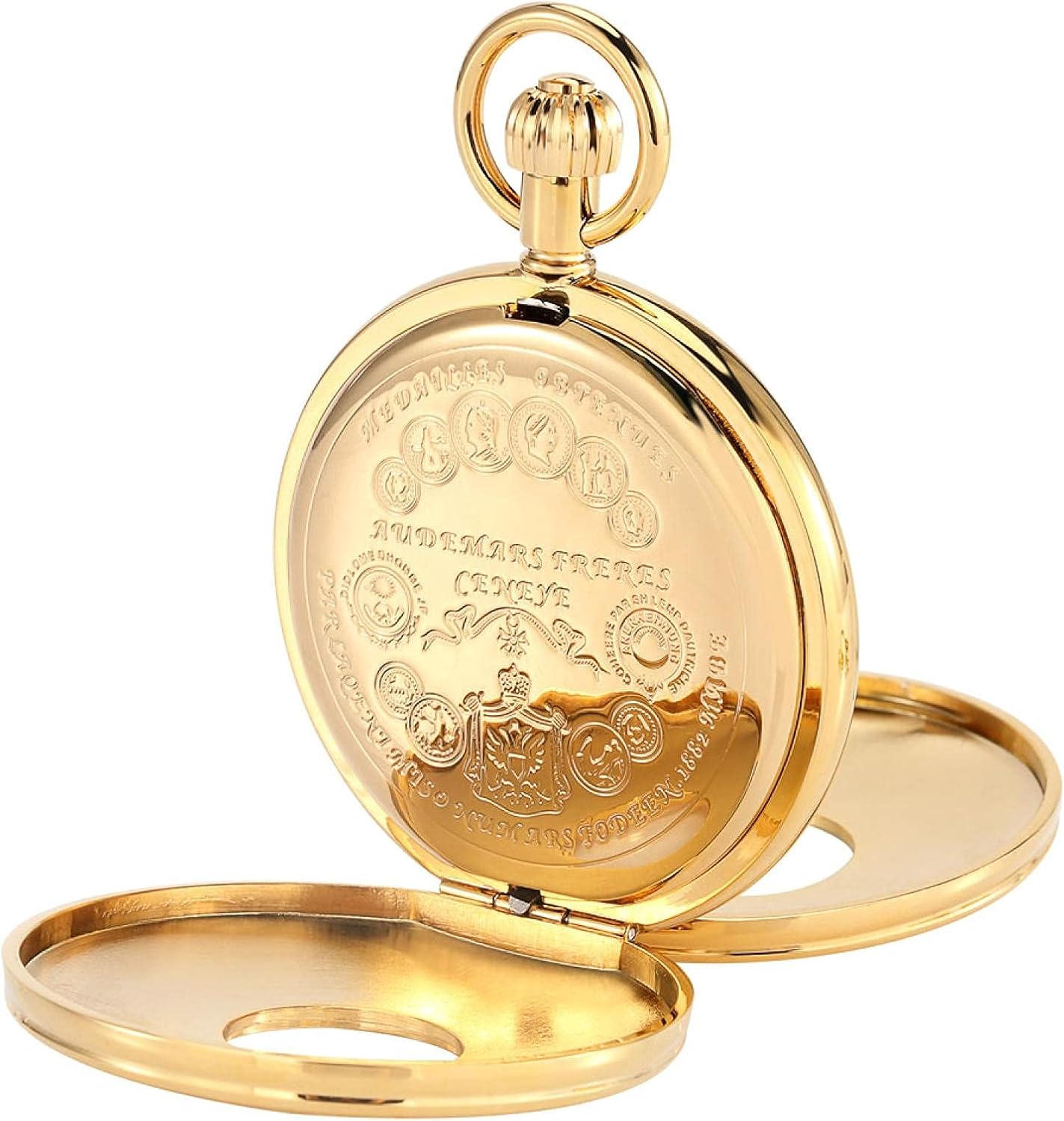 Gentlemen's Pocket Watch, Pocket Watch, Exquisite Pattern Double Shell Double Open Automatic Mechanical Pocket Watch Men's (Color: Gold) (Gold) (Gold)