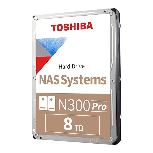 Toshiba N300 PRO 8TB Large-Sized Business NAS (up to 24 Bays) 3.5-Inch Internal Hard Drive - Up to 300 TB/Year Workload Rate CMR SATA 6 GB/s 7200 RPM 512 MB Cache - HDWG780XZSTB