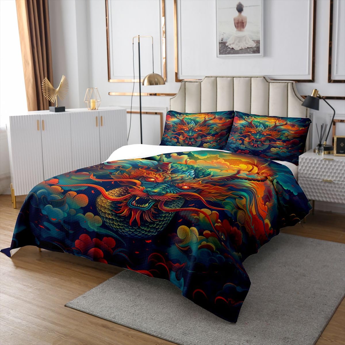 Chiński smok, narzuta 1 poszewka na poduszkę 80 x 80 cm, tajemnicza kołdra z motywem zwierzęcym, dla dzieci, nastolatków, orientalny smok, zestaw pościeli, rozmiar S