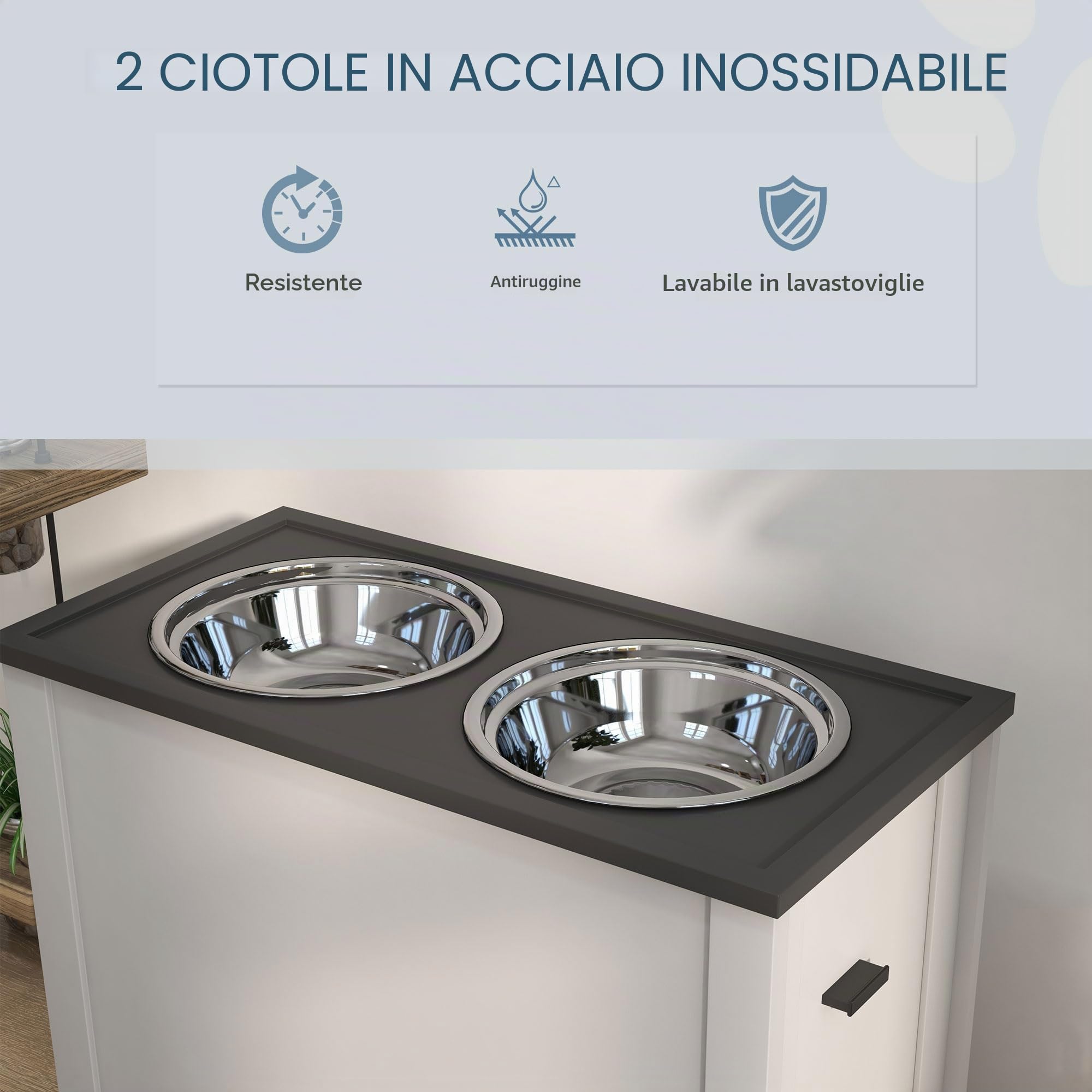 Ciotola per cani PawHut, stazione di alimentazione per cani con spazio di archiviazione, ciotola per l'acqua, supporto per ciotola con ciotole in acciaio inox da 2 litri, supporto per ciotola per