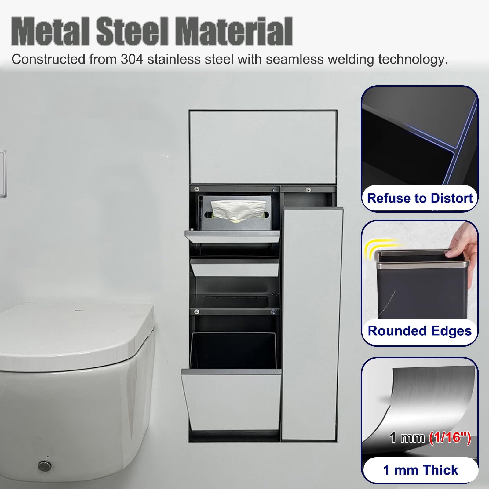Portarotolo da incasso bianco con mensola, da parete, per bagno e cucina, in acciaio inox, salvaspazio
