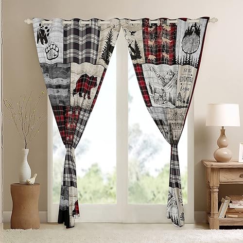 Miniatura 5 de Cortinas rústicas de cabaña de 42 pulgadas de ancho x 63 pulgadas de largo, cortinas de ventana de lobo y oso para dormitorio de granja, cortinas y