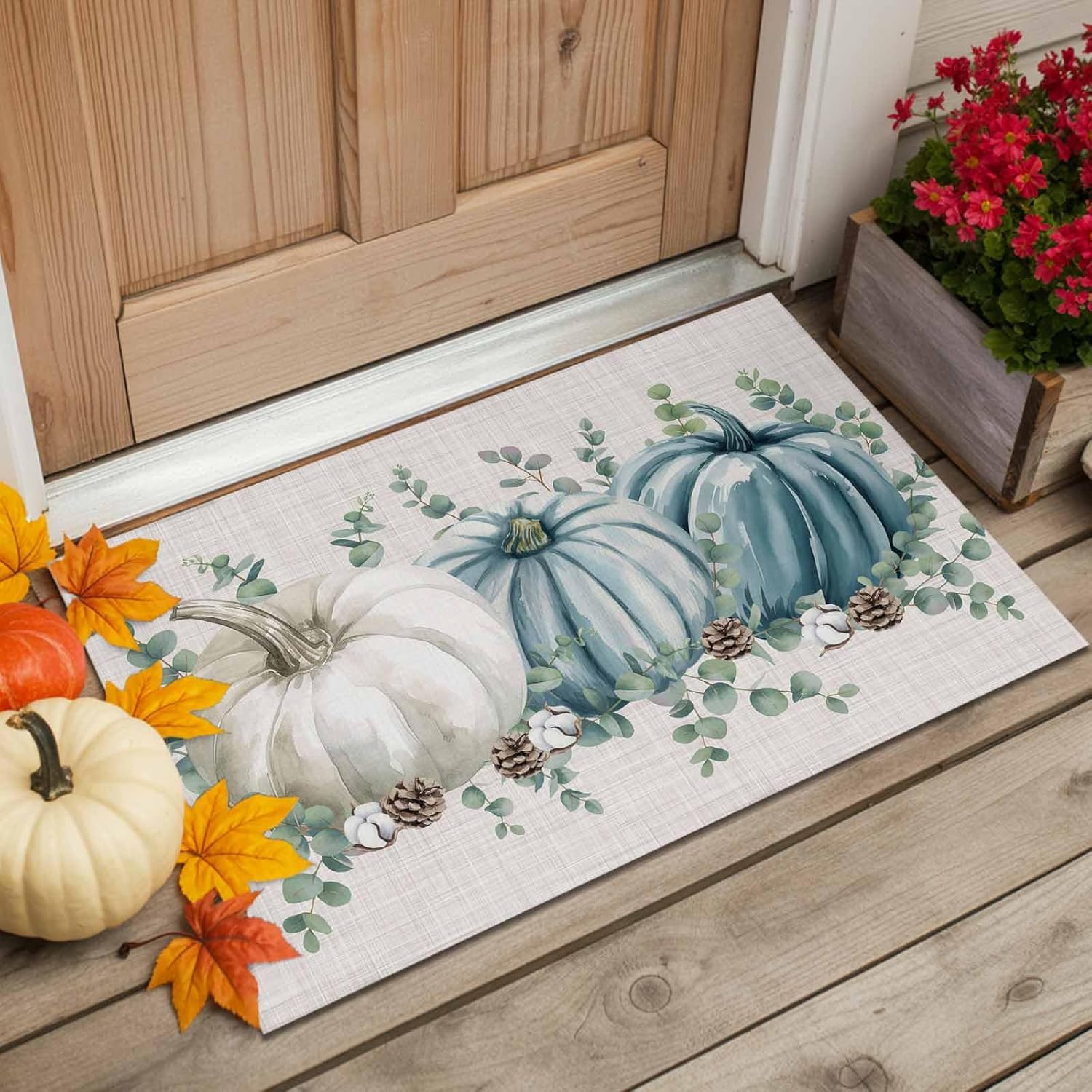 Thanksgiving Front Door Mat for Indoor Entrance 18x30 Inche, Blue Pumpkin Green Eucalyptus Leaves Fall Absorbent Doormat Washable Carpet for Bathroom/Garage/Kitchen/Entry/Back