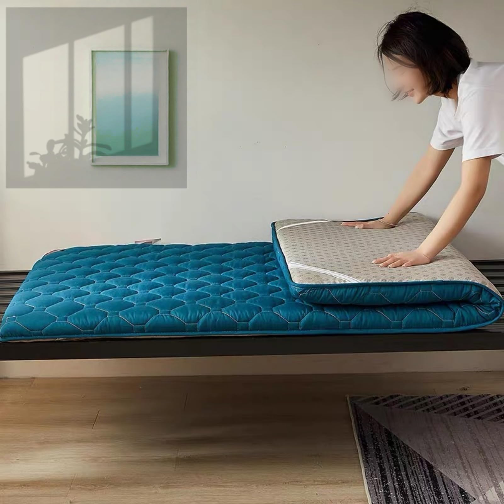 Materasso futon giapponese, 90 x 200 cm, morbido e portatile, pieghevole, per casa e viaggi, design salvaspazio con rivestimento blu per il massimo comfort